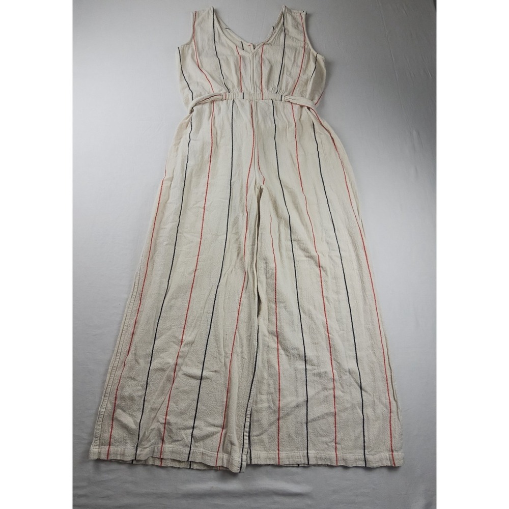 Eva Mendes Women's Sz L Striped 100% Cotton Linen Wide Leg Jumpsuit Boho Coastal